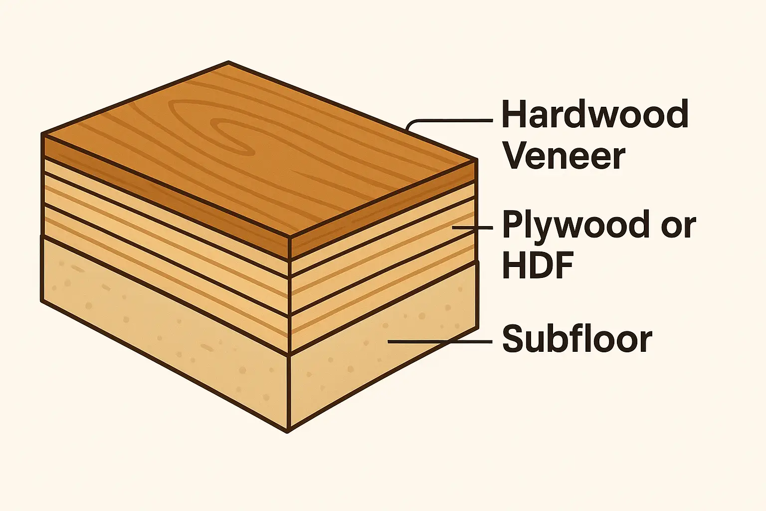 Cutaway diagram of engineered hardwood flooring showing the top hardwood veneer, multiple plywood or HDF layers arranged crosswise, and subfloor beneath