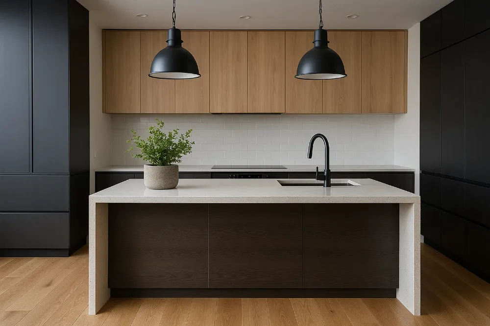 A stylish modern kitchen featuring engineered oak flooring