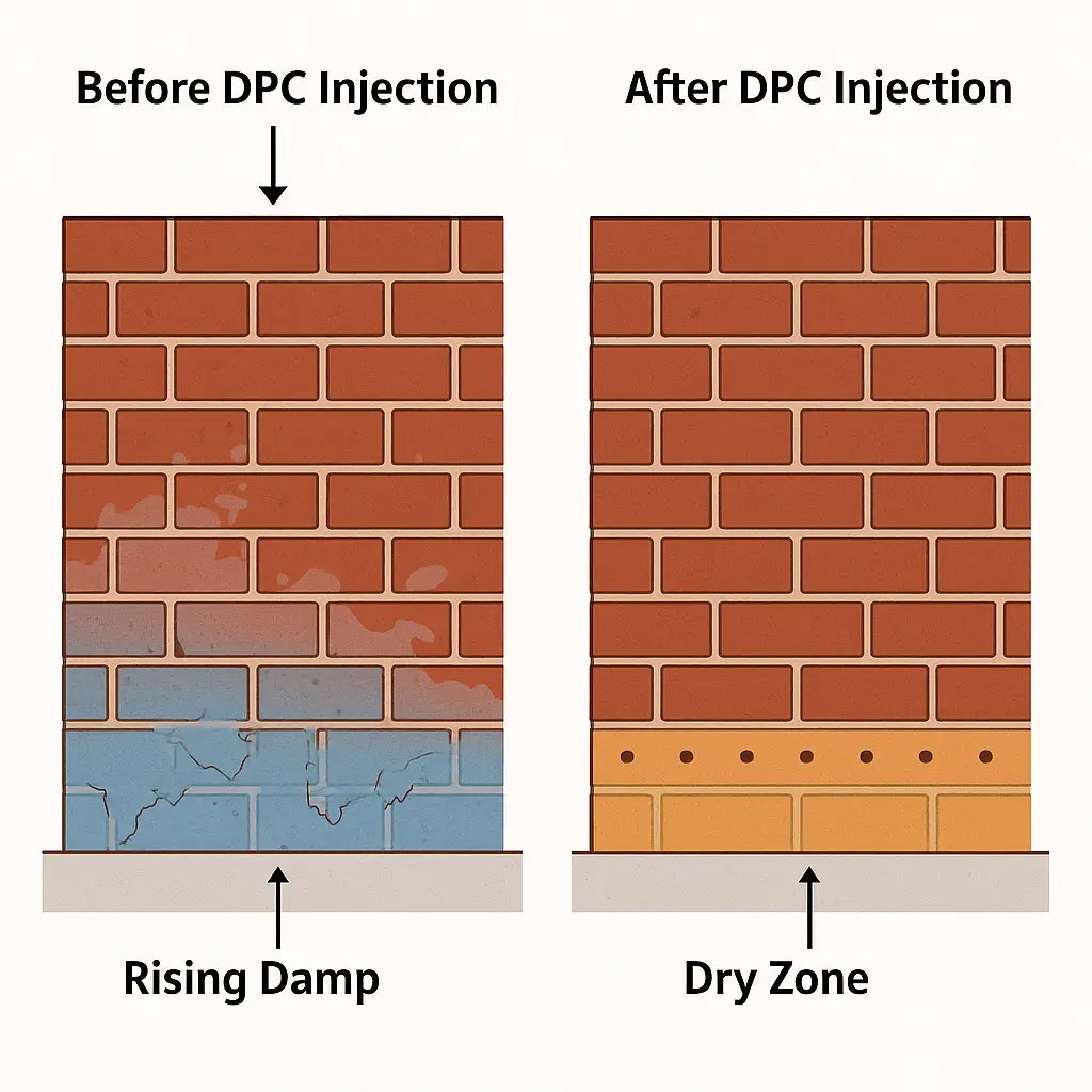 side-by-side comparison image showing a brick wall before and after damp proofing injection