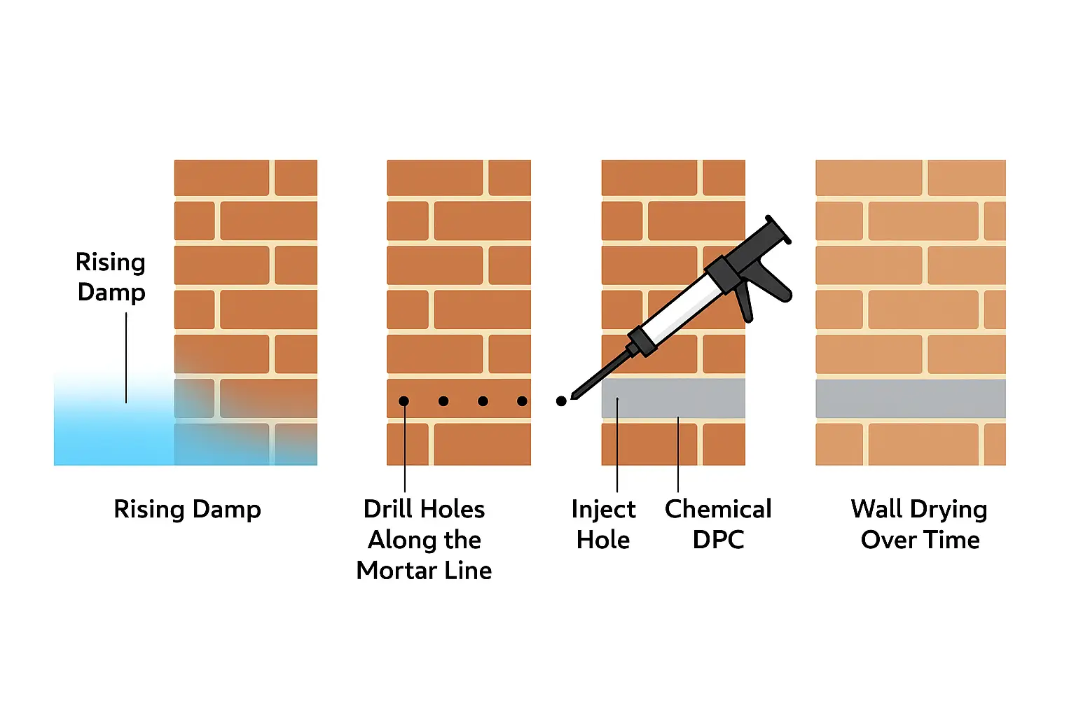 step-by-step diagram of the damp proofing injection process
