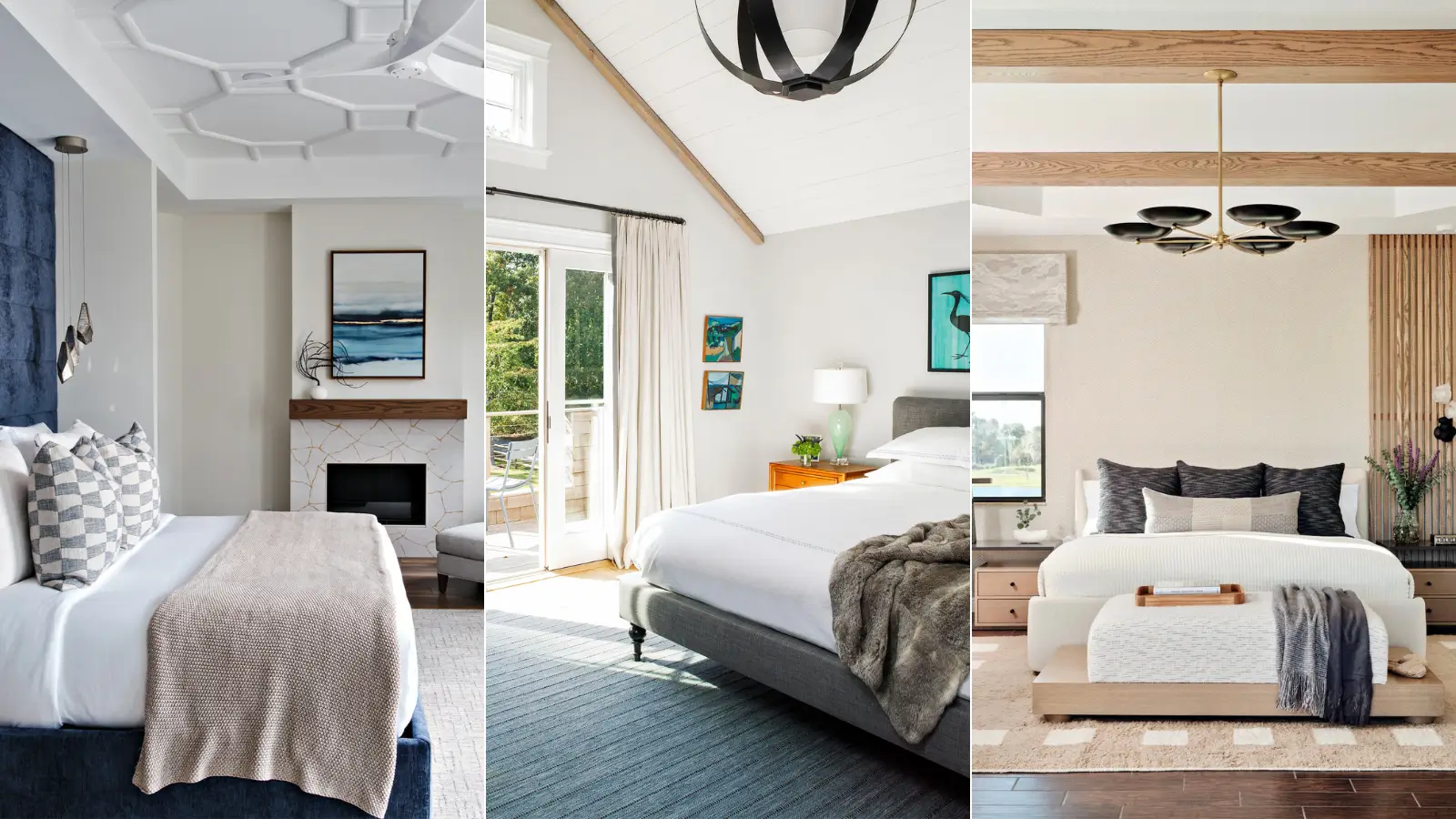 Three styled king bedrooms showing different rug placement options, including full coverage, two-thirds under, and foot-of-bed layouts.