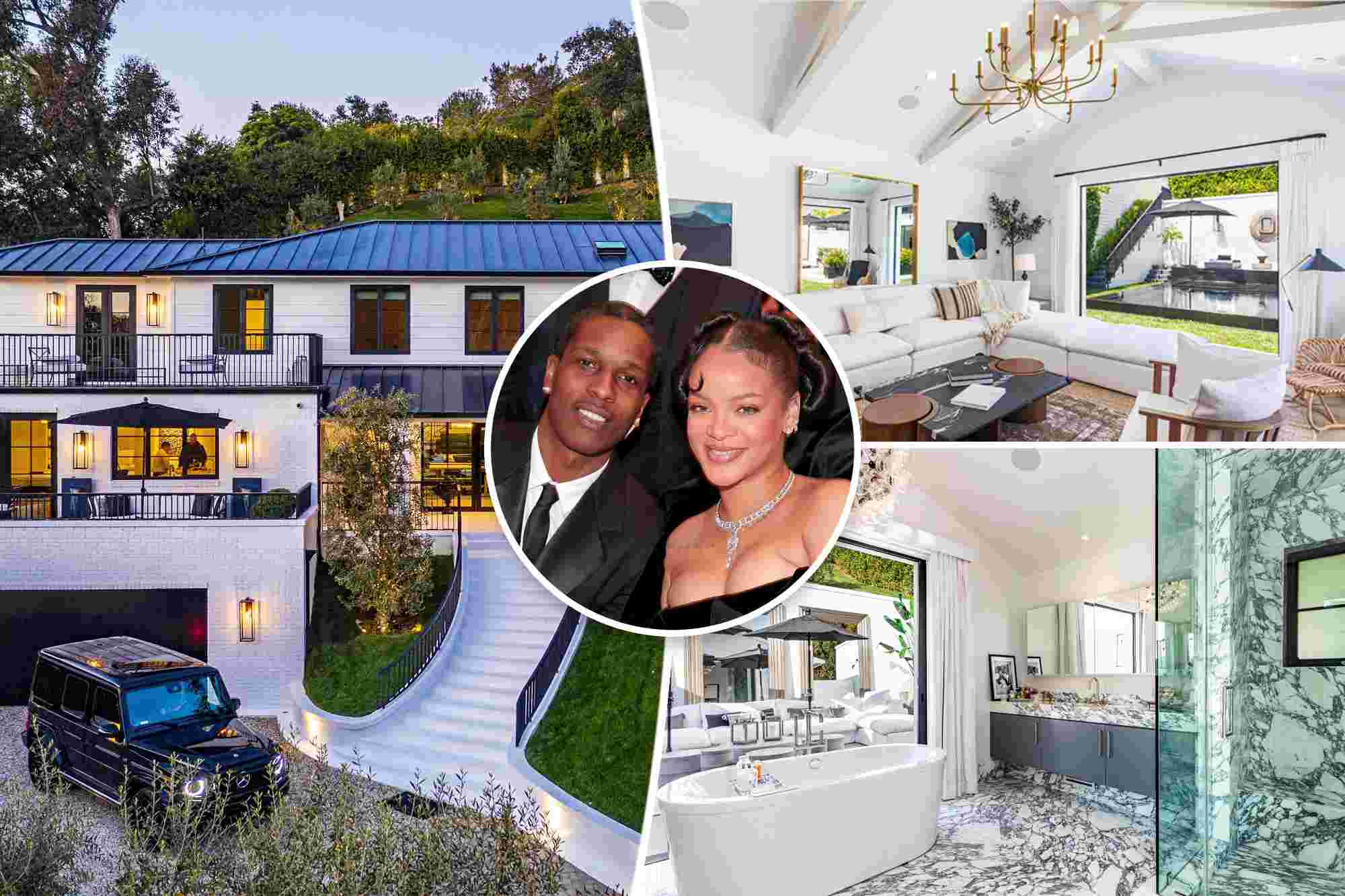 A modern Beverly Hills mansion with a blue roof, curved driveway, and luxury interiors including a spacious living room, marble bathroom, and outdoor spaces, with a celebrity couple featured in a circular inset.