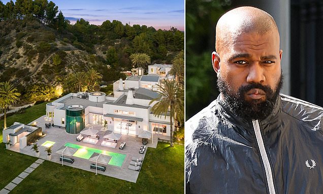 Aerial view of Kanye West's modern luxury mansion at dusk with illuminated pool and white contemporary architecture, alongside portrait of Ye
