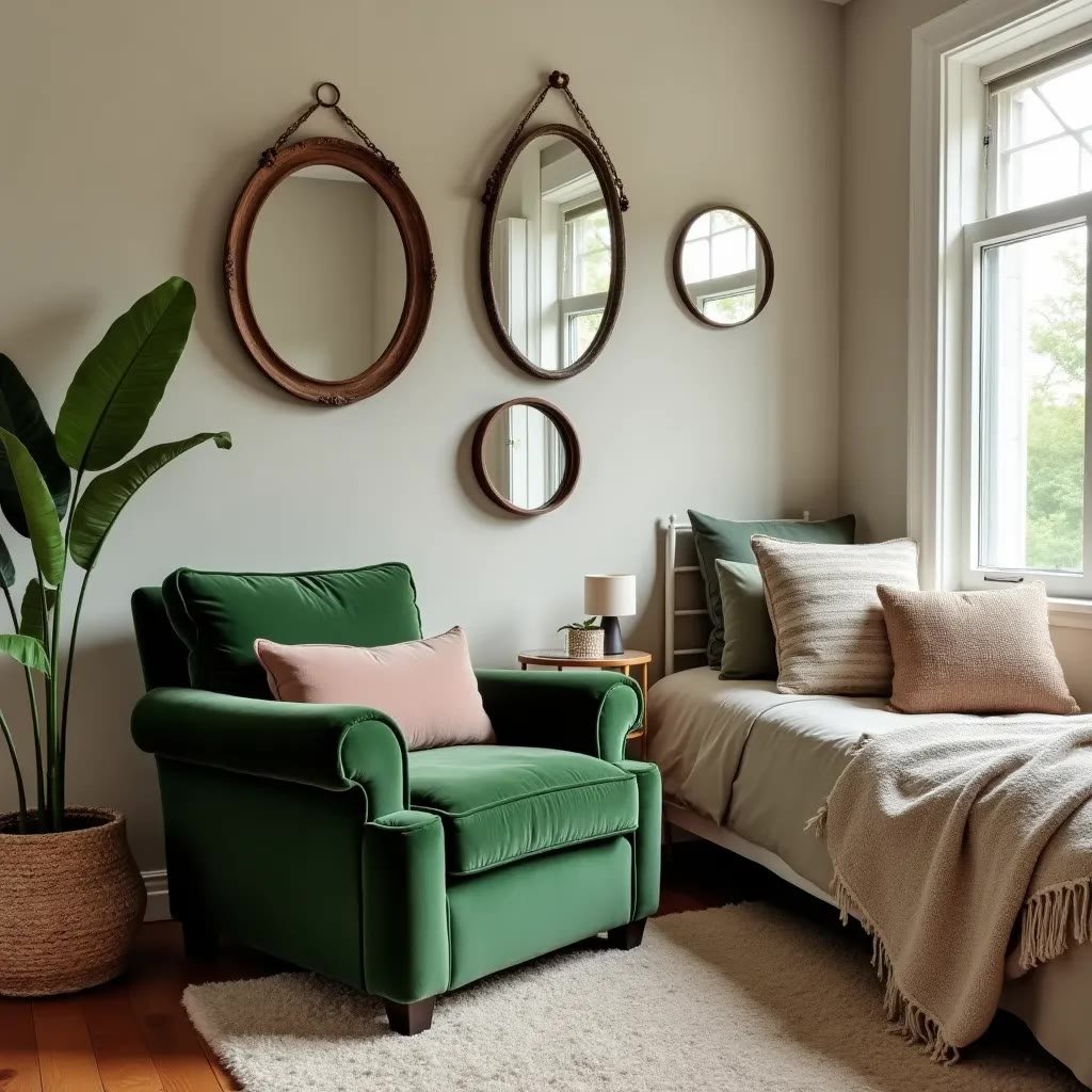 Emerald green silk wallpaper bedroom with a tufted headboard and crystal chandelier