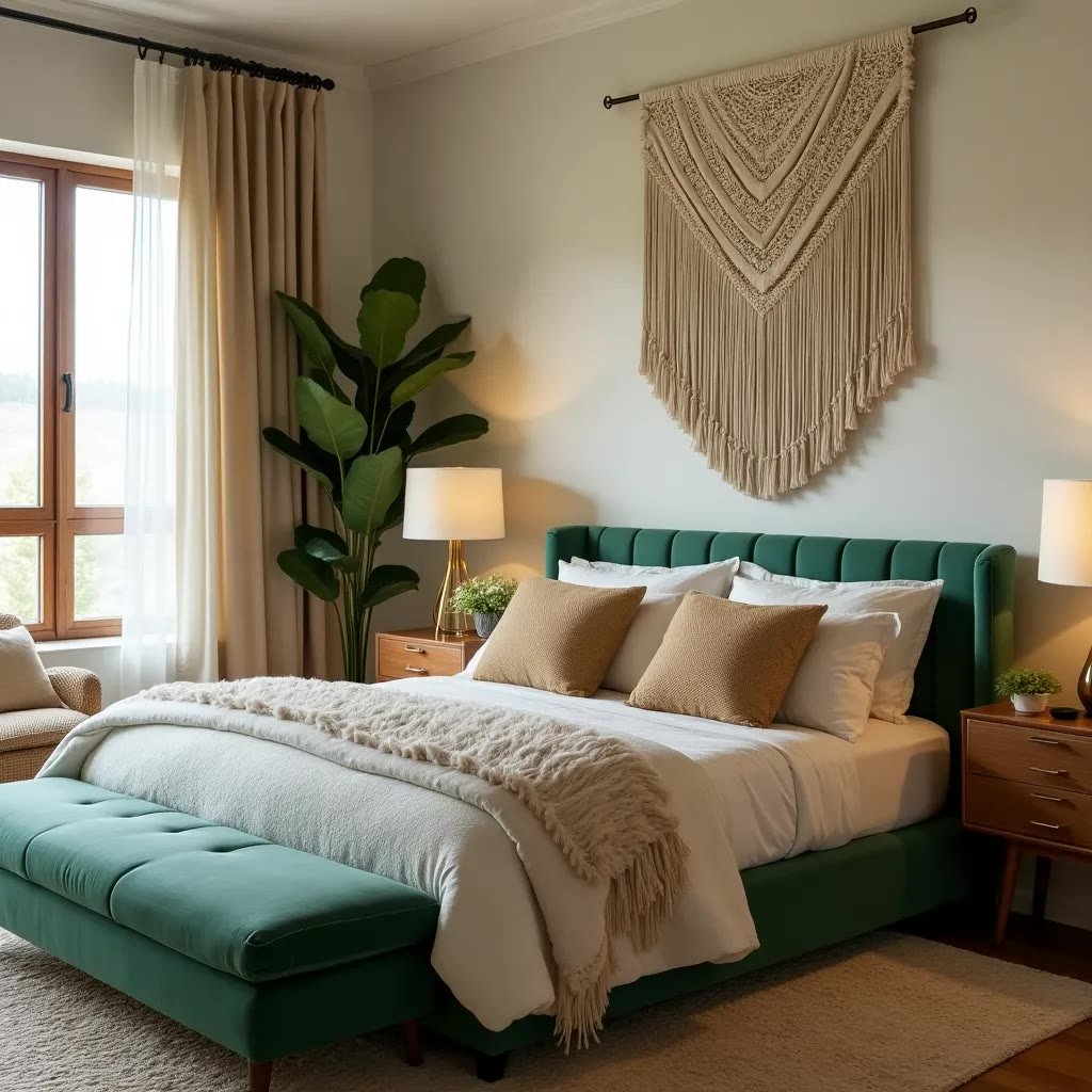 Green and black bedroom with dramatic black accents against emerald green walls