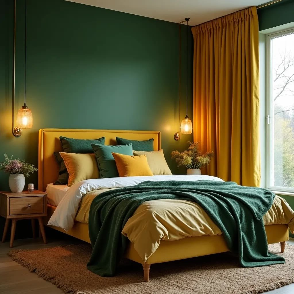 Green and brown bedroom with rich wooden furniture and deep forest green walls