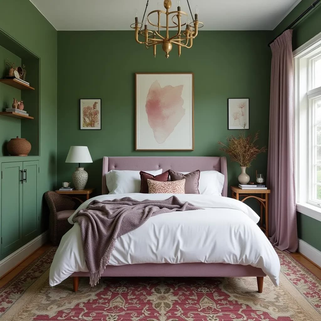 Green and cream bedroom with warm cream linen drapes against soft green walls