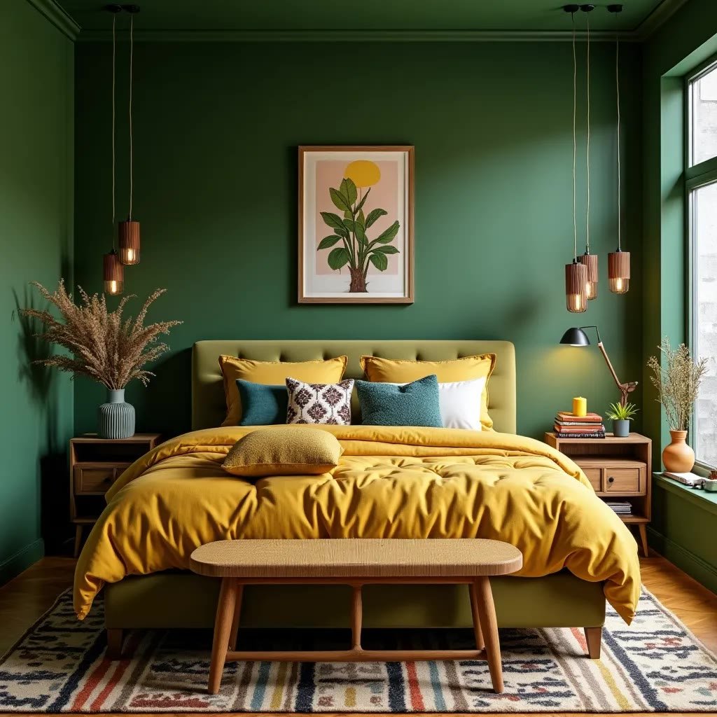 Green and gold bedroom with gilded mirror and warm gold light fixtures against olive walls