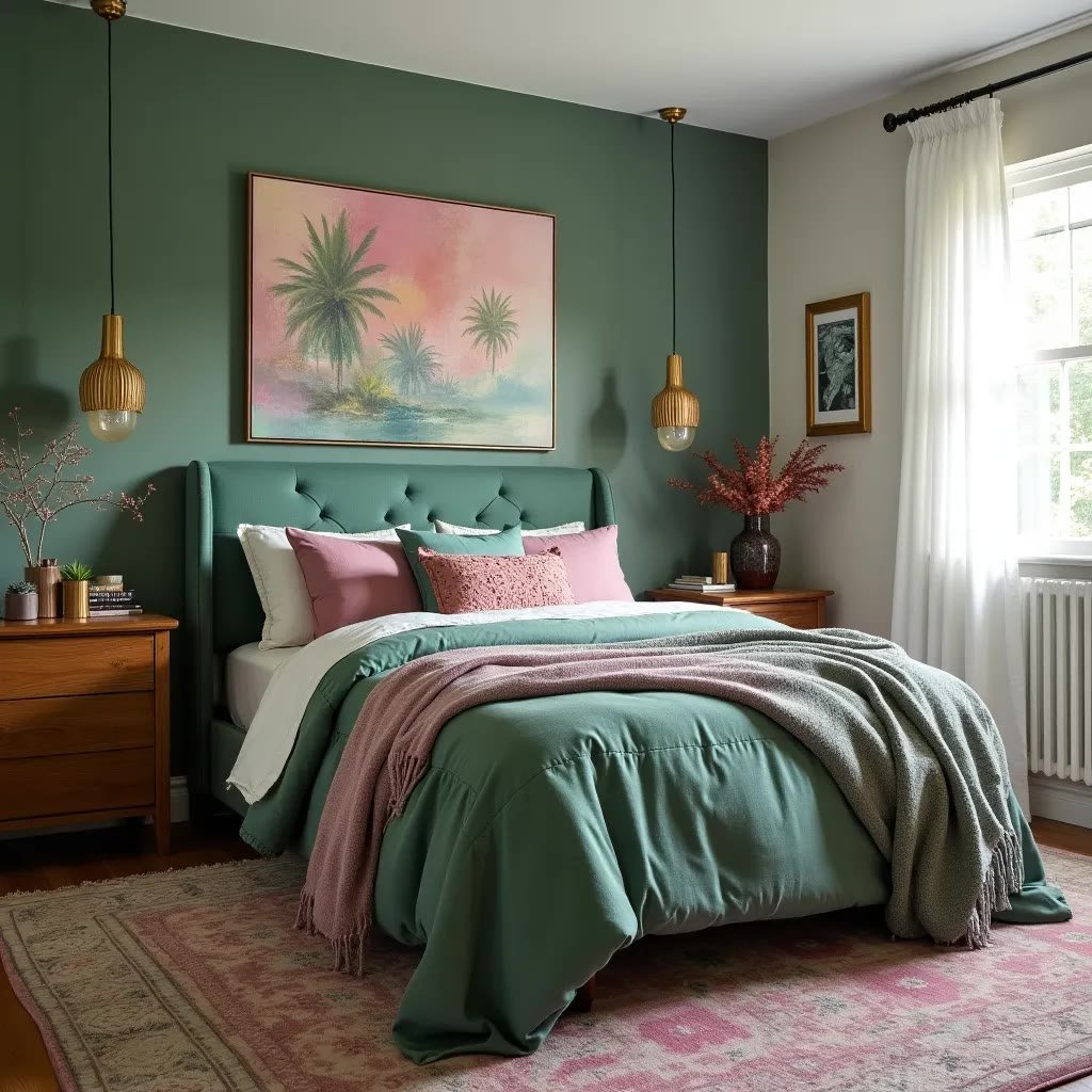 Green and pink bedroom with blush pink cushions and a sage upholstered headboard