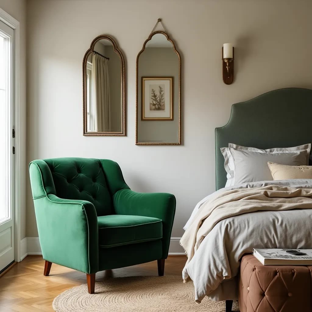 Green bedding and pillows in an all-white bedroom adding a splash of color