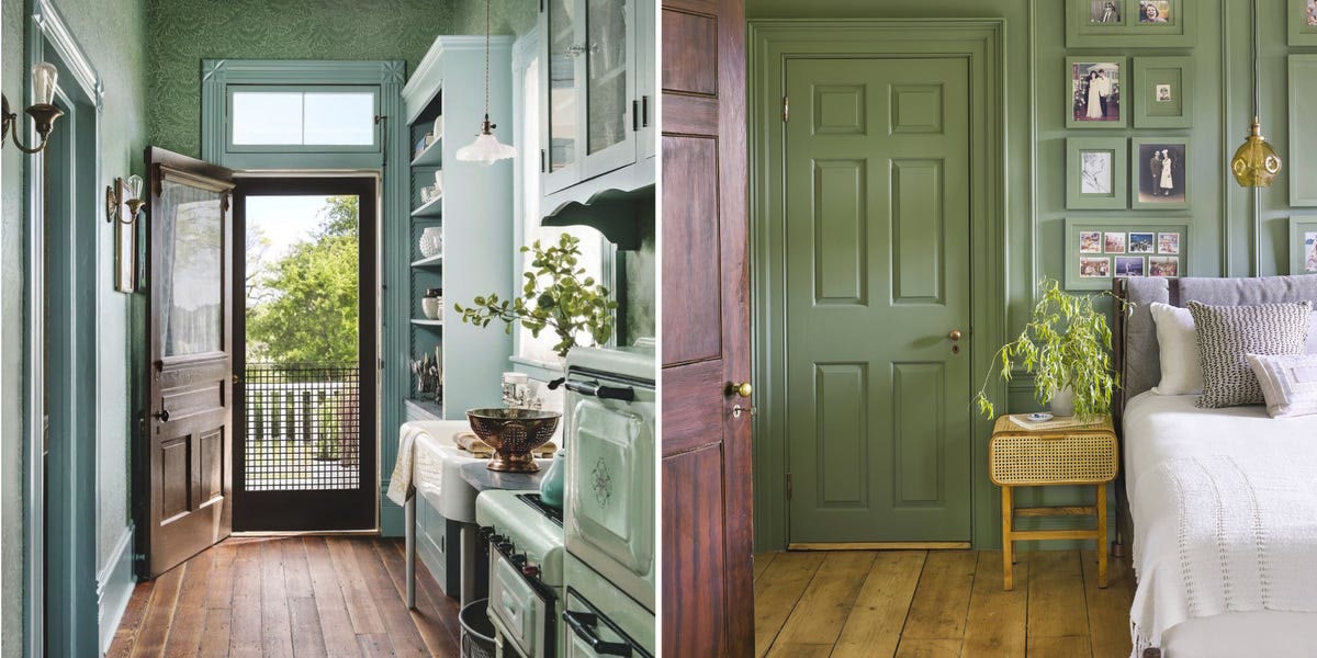 Green bedroom showcasing a harmonious color pairing with complementary accents