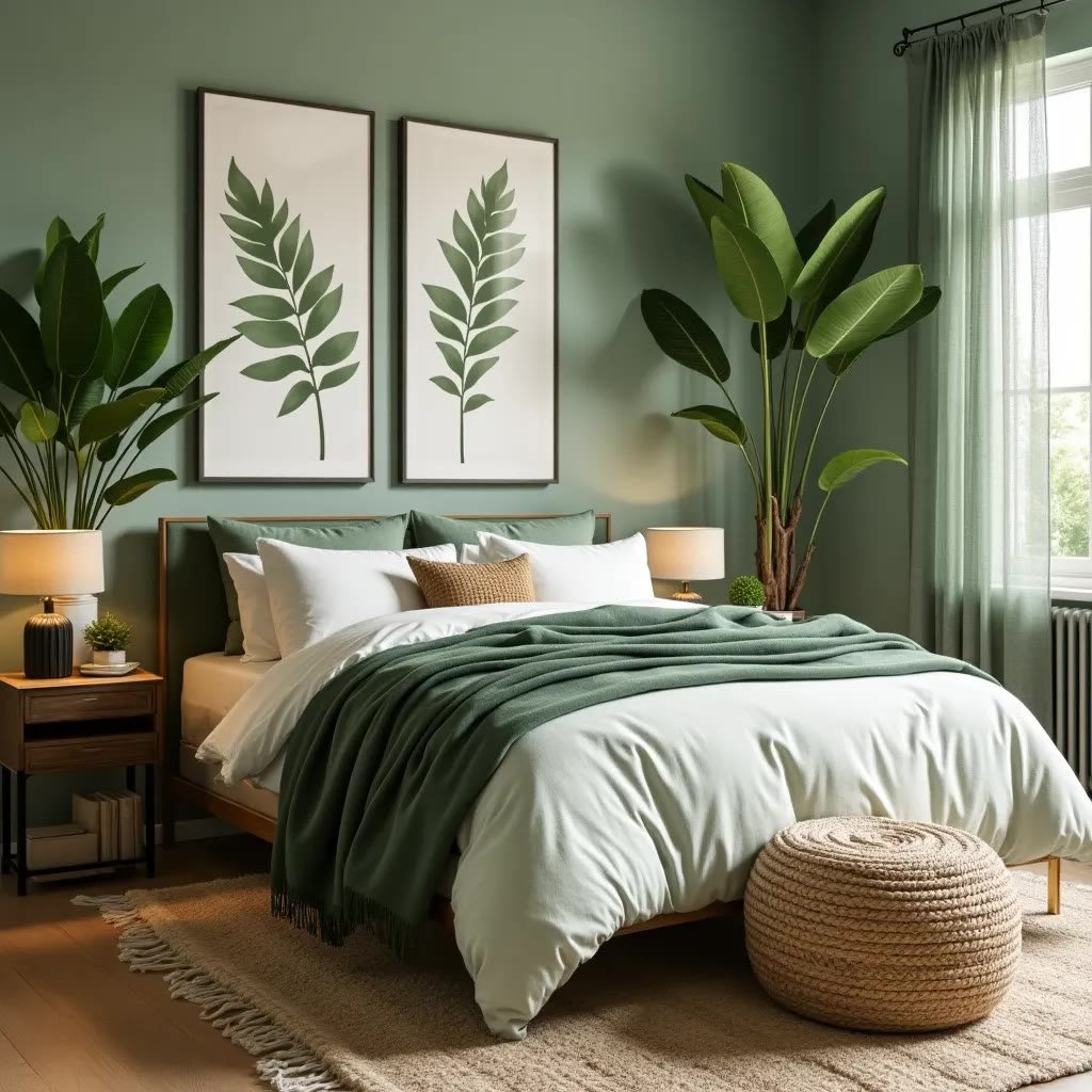 Green marble accent wall behind a bed with polished stone veining and gold hardware