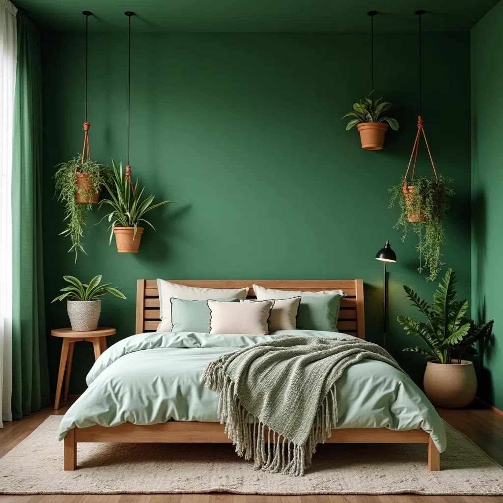 Green painted wardrobe in a compact bedroom serving as both storage and color feature