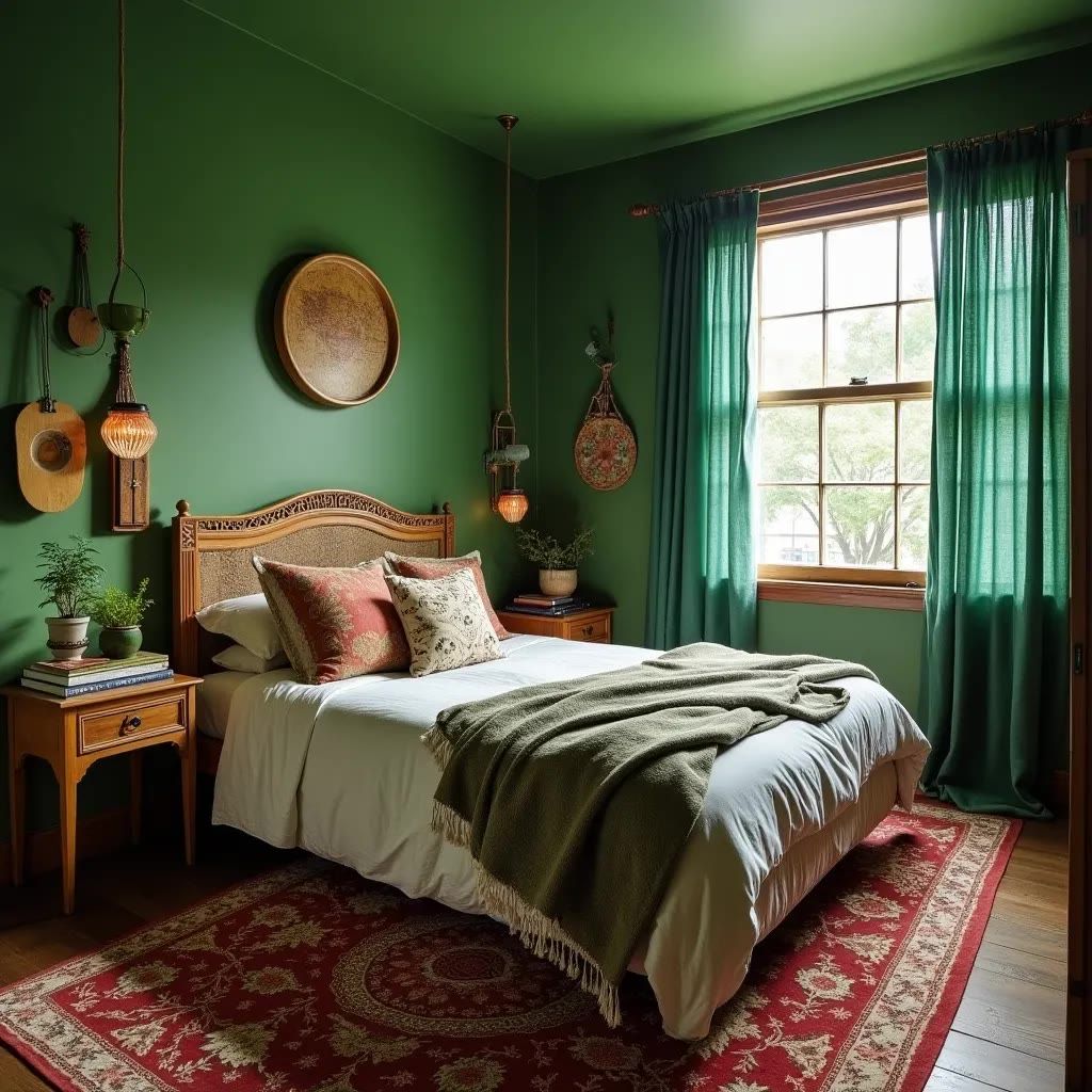 Green upholstered bed with matching curtains and coordinated fabric throughout the bedroom