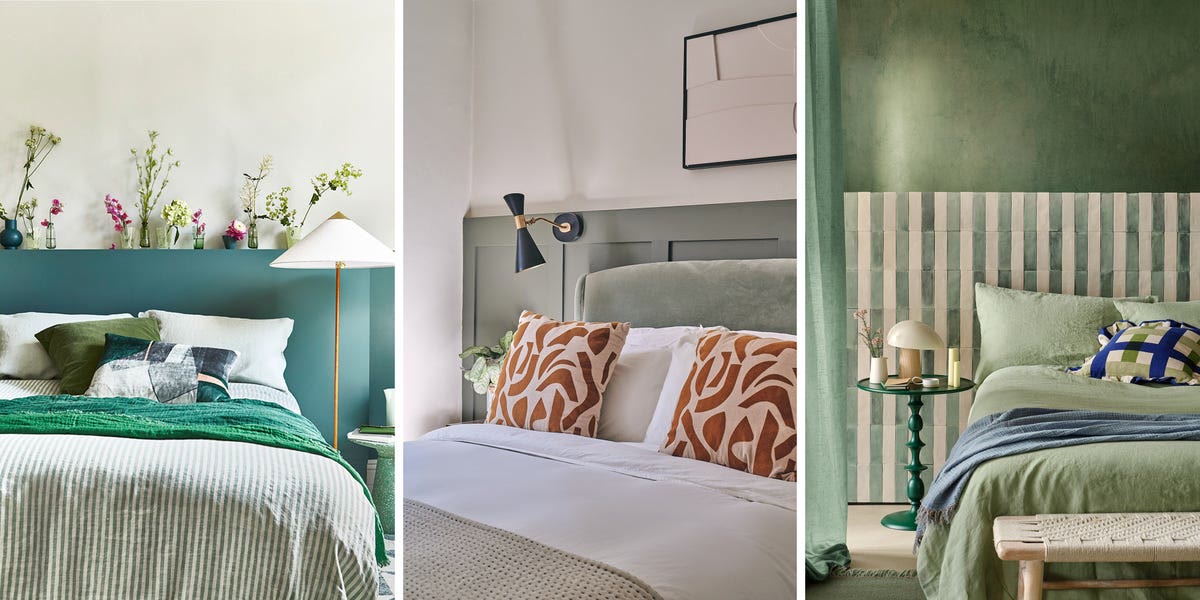 Grey-green bedroom walls with warm brass lighting fixtures and natural wood accents