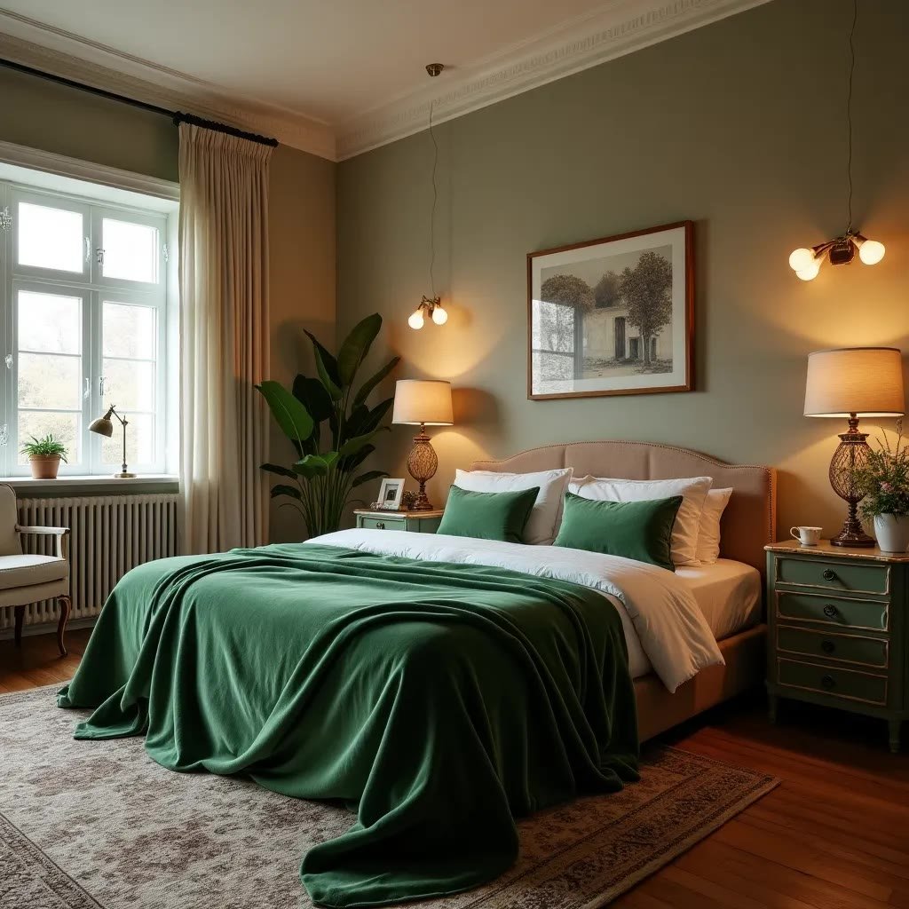 Light sage bedroom with floor-to-ceiling white curtains making a small room feel larger