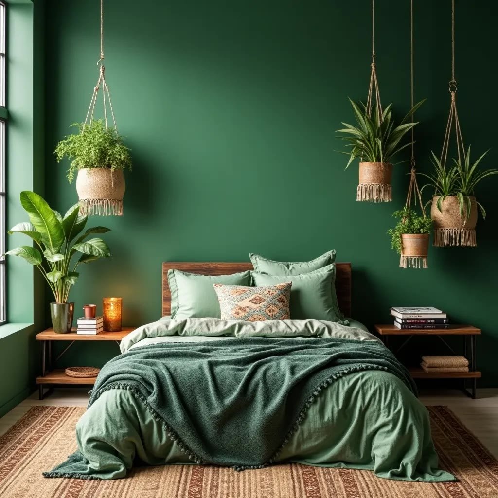 Limewash green walls with organic matte texture and natural linen bedding