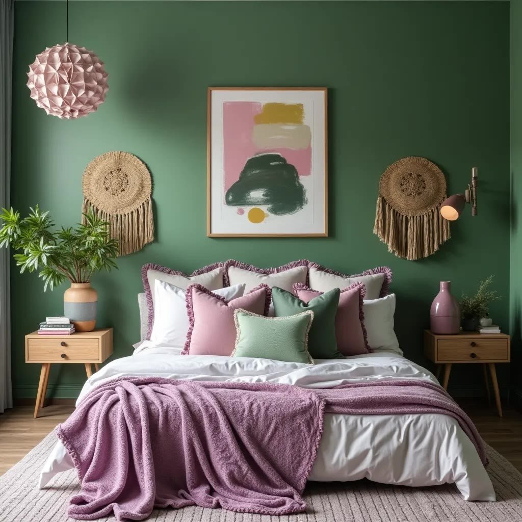 Luxury green bedroom with statement wallpaper and elegant gold accents