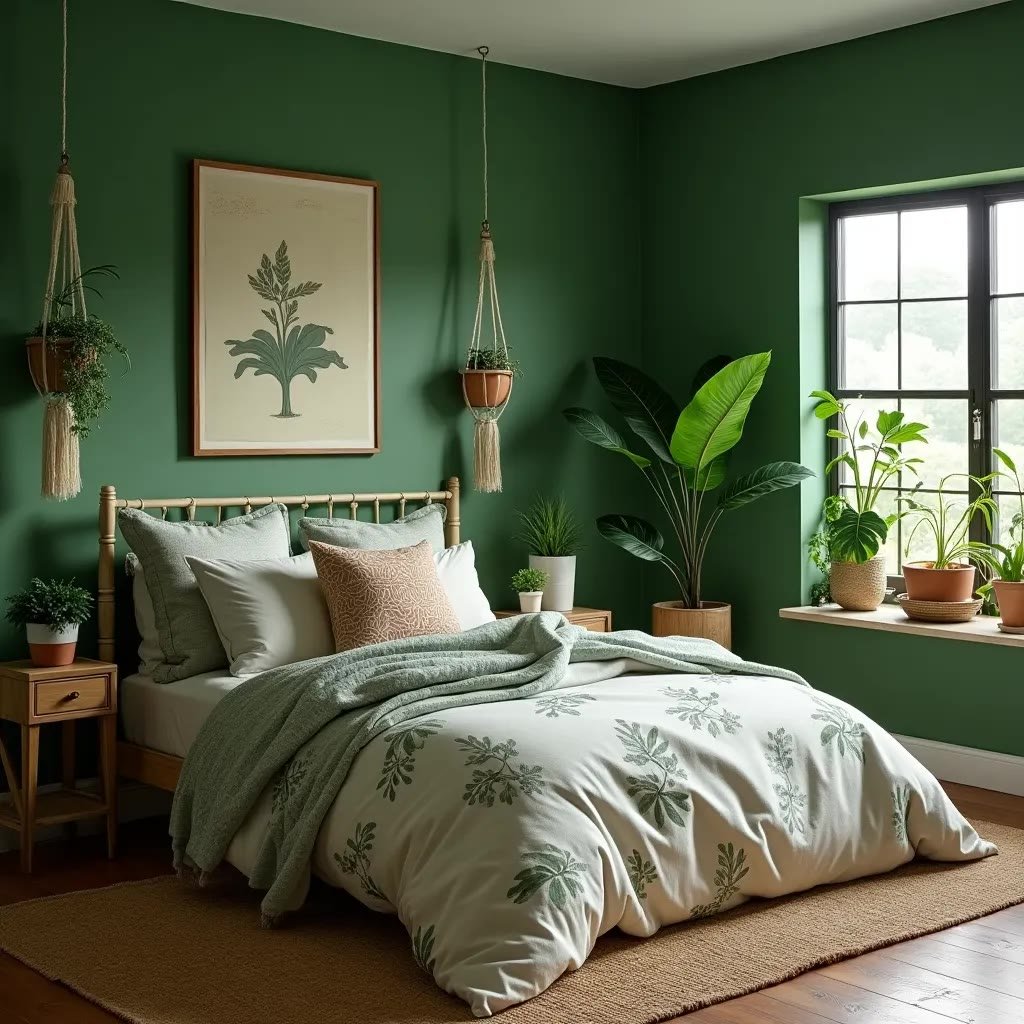 Mint green painted ceiling in a low bedroom drawing the eye upward and adding freshness