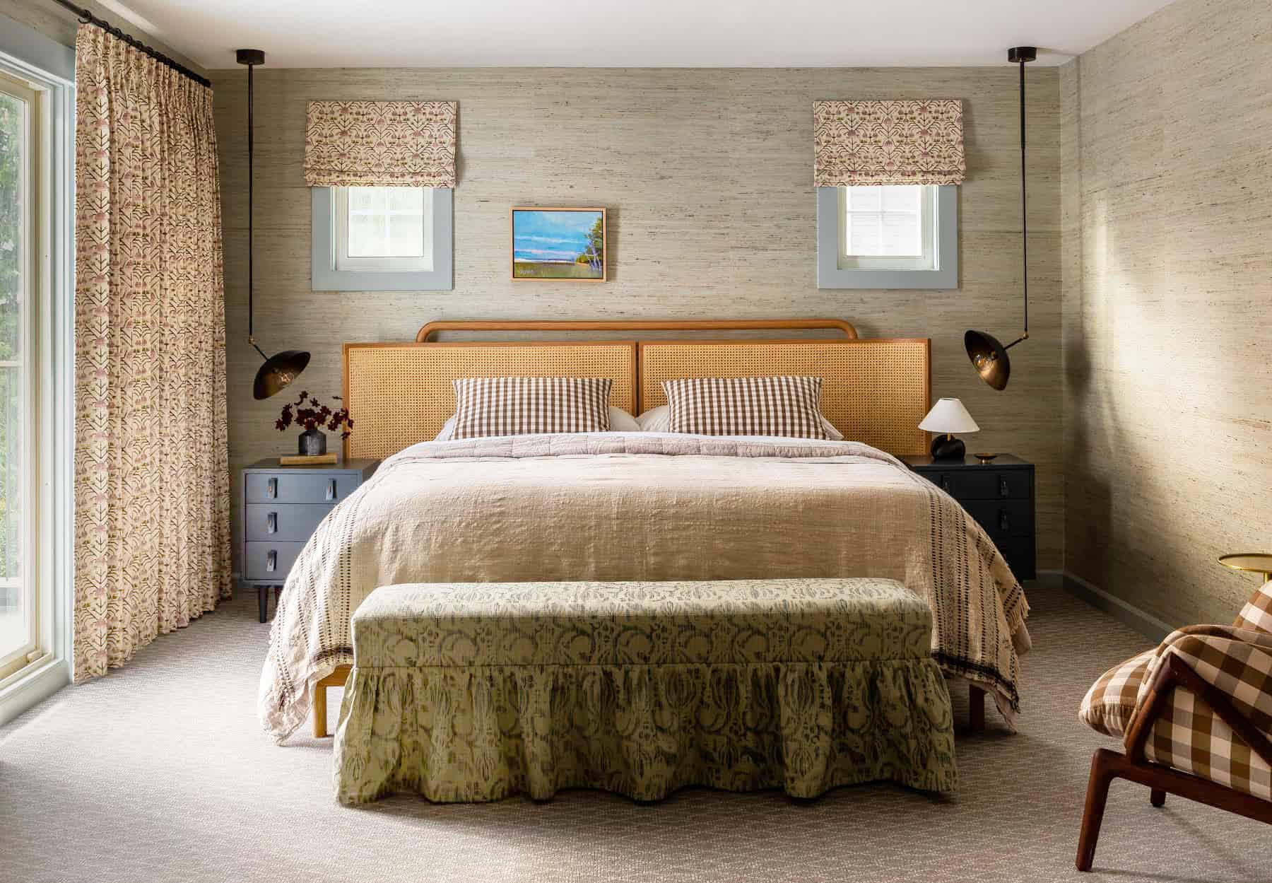 Modern green bedroom with clean geometric lines and minimalist decor