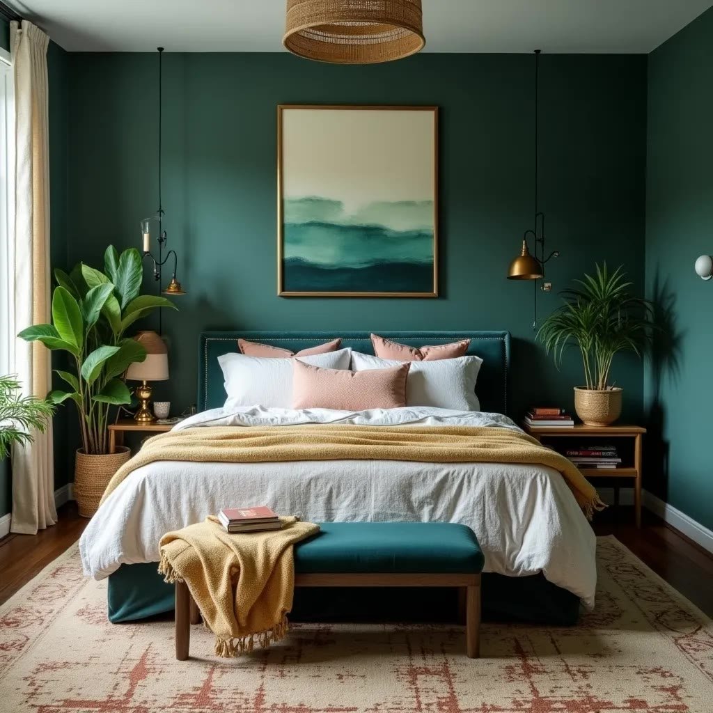 Single green accent wall in a narrow bedroom drawing the eye and adding depth