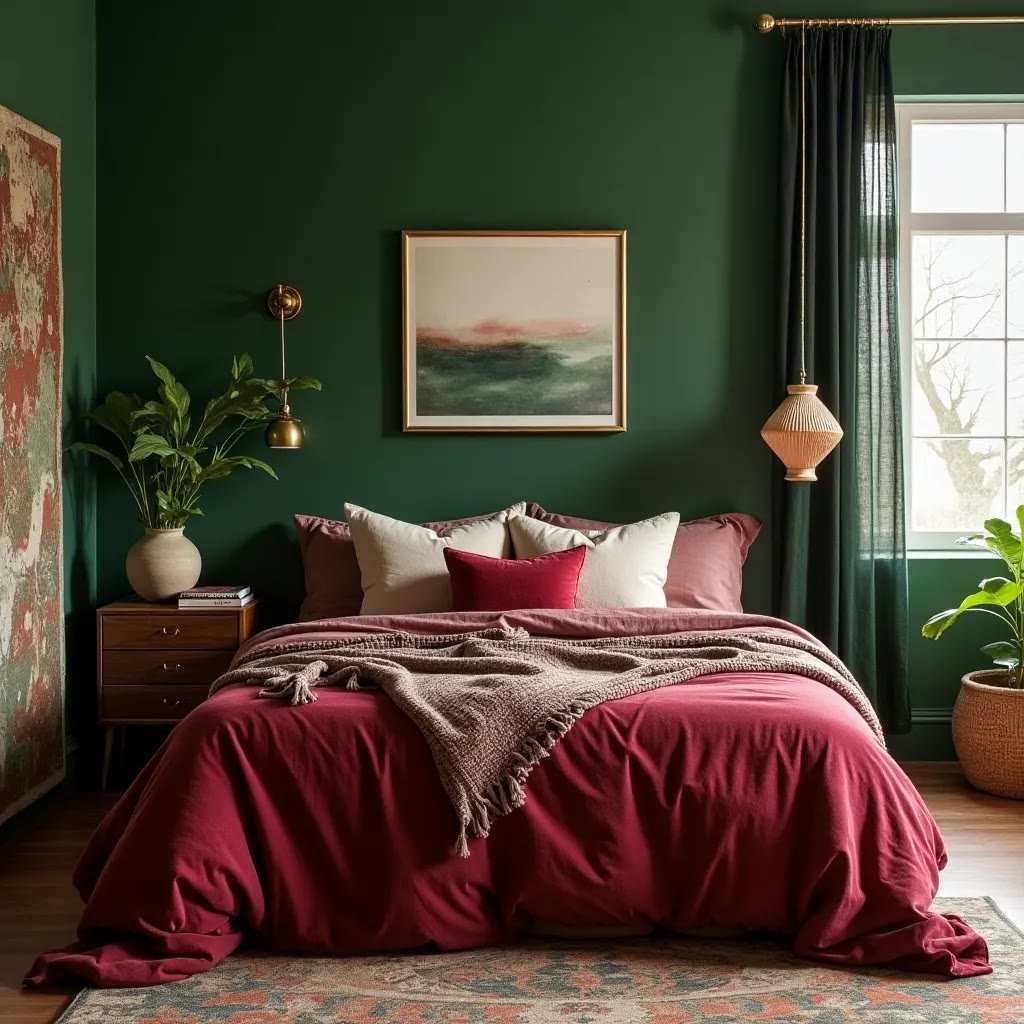 Two-tone green bedroom walls with picture rail separating deep green below from soft sage above