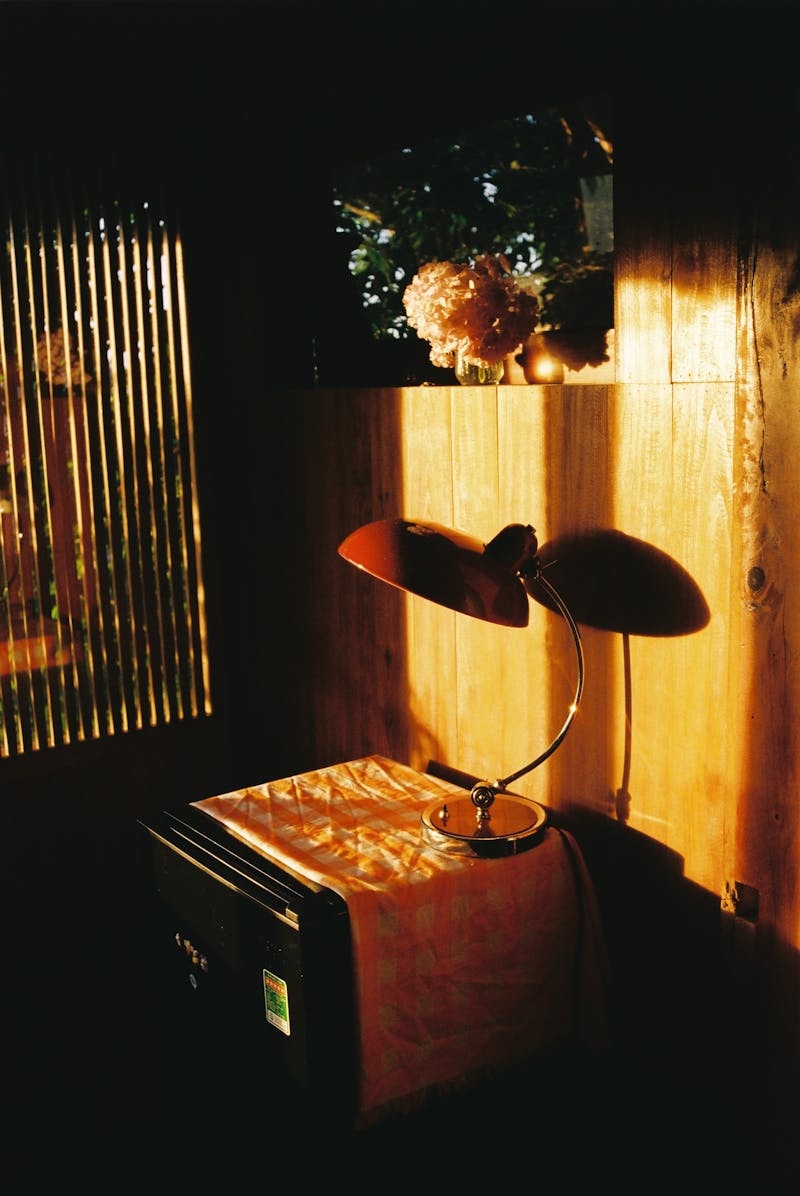 Warm vintage interior with dark wood, cottagecore decor, and Hozier-inspired cozy ambiance